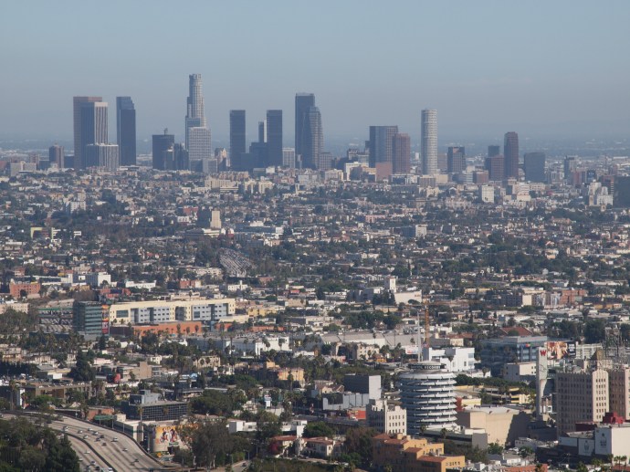 Looking towards the downtown Los Angeles skyline from a scenic overlook off Mulholland Drive. This photo was taken during a visit I made to the L.A. area in September 2012.
