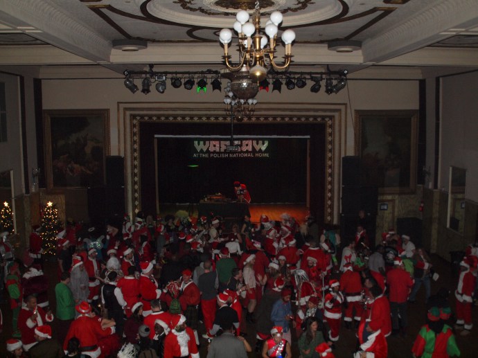 The main dance floor in Warsaw during the Santacon afterparty.