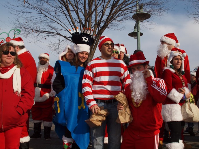 I found Waldo! Next to him is a dreidel, representing the many Santacon costumes that celebrate Hanukkah.
