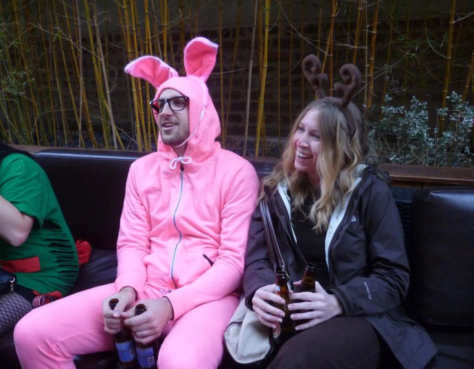 Hanging out on the club's outdoor terrace: At left is Ralphie from the classic holiday film, "A Christmas Story!" (Some of the more ignorant attendees thought he was supposed to be the Easter Bunny.)
