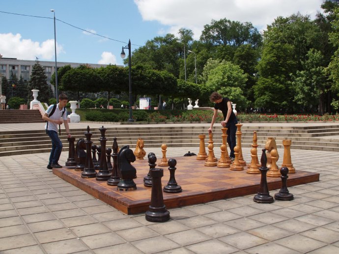 This chess set with life-sized pieces sits in front of the cathedral in Chișinău, Moldova.