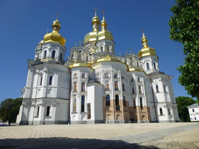 The Cathedral of the Dormition, on the grounds of the Monastery of the Caves (Pechersk Lavra) in Kiev, Ukraine. Its cupolas are covered with actual gold.