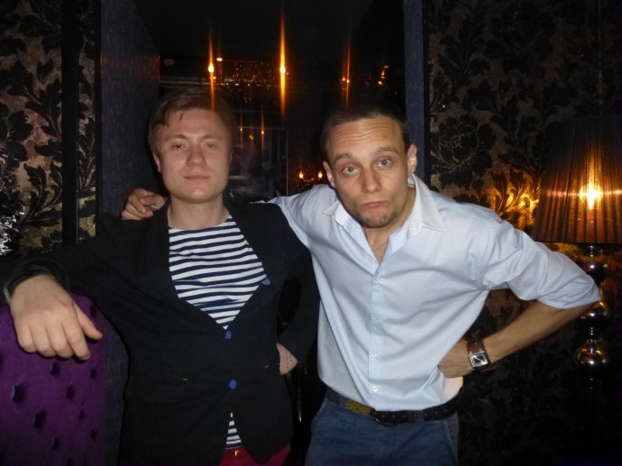 L to R: Pasha and Ruslan, the technician and karaoke host in Fever in St. Petersburg.