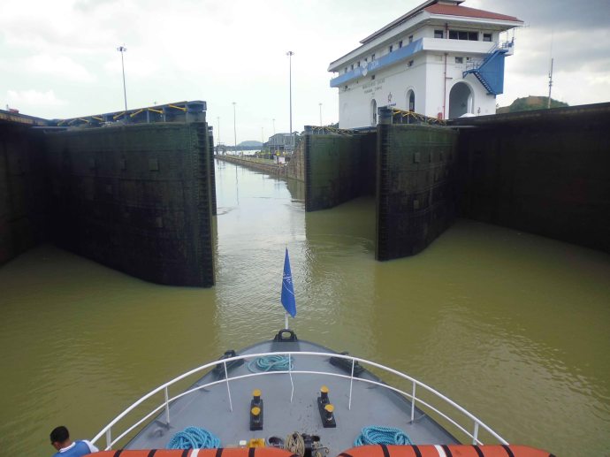 My view when we were about to emerge from the Miraflores Locks, in the Panama Canal, after we've been lowered. 