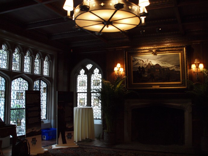 The library contains elegant stained-glass windows.