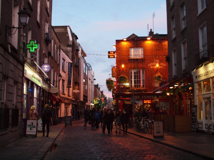 Walking towards Dublin's famed Temple Bar at dusk.