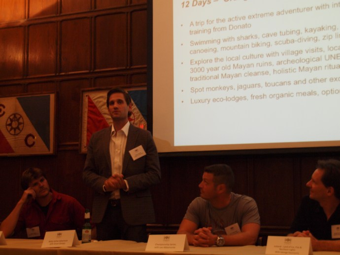 Simon Donato, one of the Kensington Tours Explorers-in-Residence, gives a presentation at the Explorers Club reception that I attended, while some of his fellow Explorers-in-Residence look on.