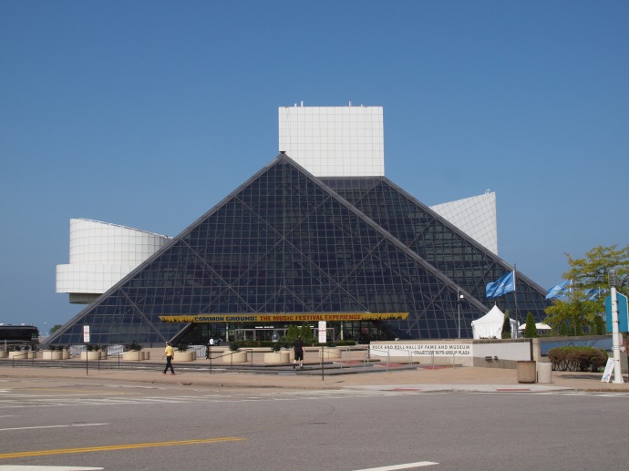 The exterior of the Rock & Roll Hall of Fame & Museum.