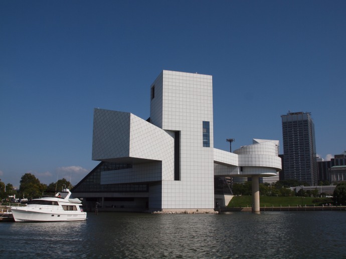 The Rock and Roll Hall of Fame and Museum, as seen from the harbour. The round section on the right of the building that juts out over the water is the Hall of Fame Gallery.