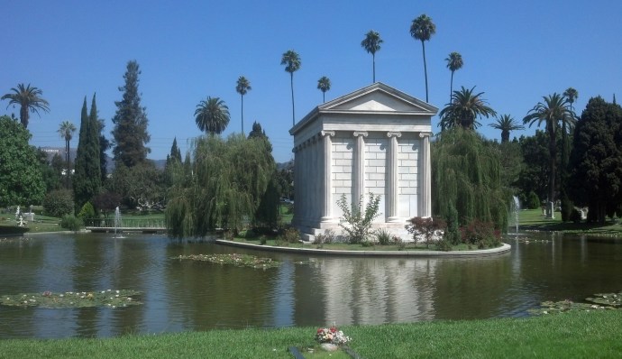 A view of the lake and the Douras mausoleum at Hollywood Forever. It's hard to believe you're in a cemetery!