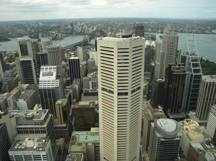 Looking down on the Central Business District, and the Harbour beyond, from the top of Sydney Tower.