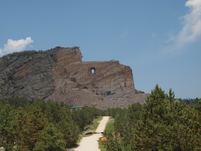 Crazy Horse in profile, as seen from the visitor's center. In the foreground, a herd of cattle can be seen crossing the road.