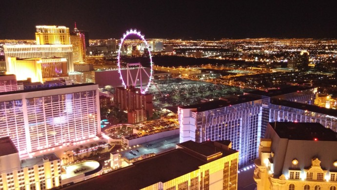 A view towards the northeast, featuring the giant observation wheel, the High Roller.