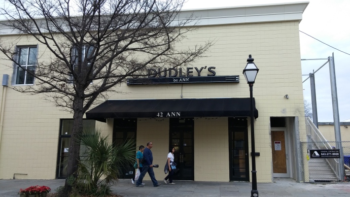 The exterior of Dudley's on Ann, the venue where I made my South Carolina karaoke debut!