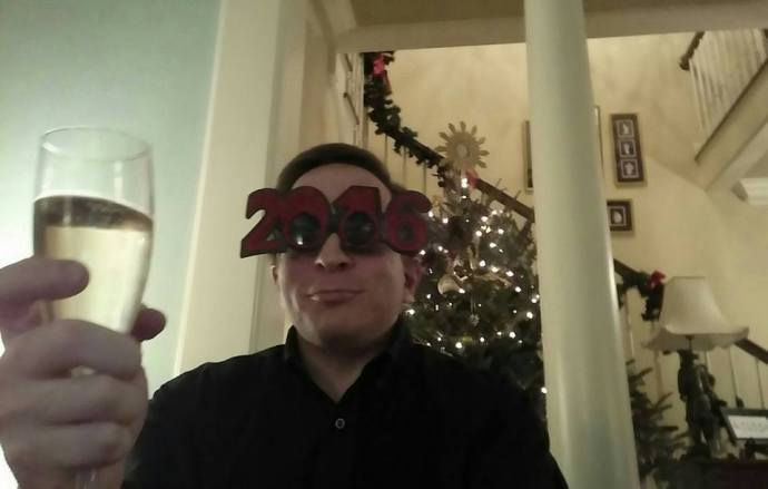 Selfie of me toasting the arrival of 2016 at Charlotte and Boyd's New Year's shindig.