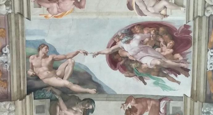 Detail of the Sistine Chapel ceiling, showing the Creation of Adam.