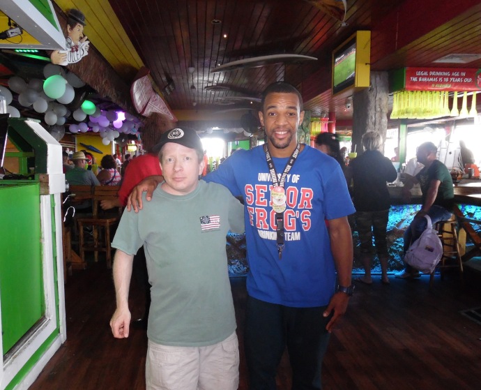 Me with Anfernee, the DJ at Señor Frog's in Nassau who hooked me up with the karaoke.