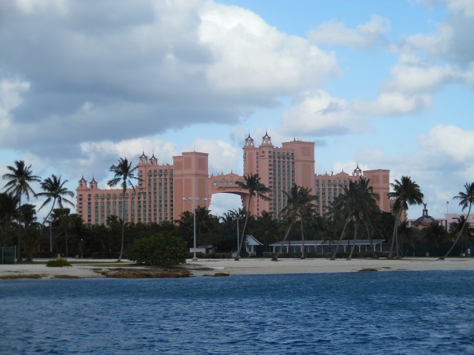 The hotel towers of the Atlantis resort on Paradise Island, as seen from the ferry in Nassau Harbour.