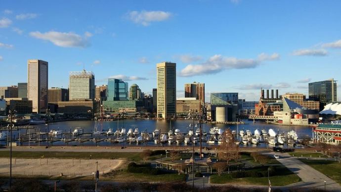 The downtown Baltimore skyline on a cold day in January.